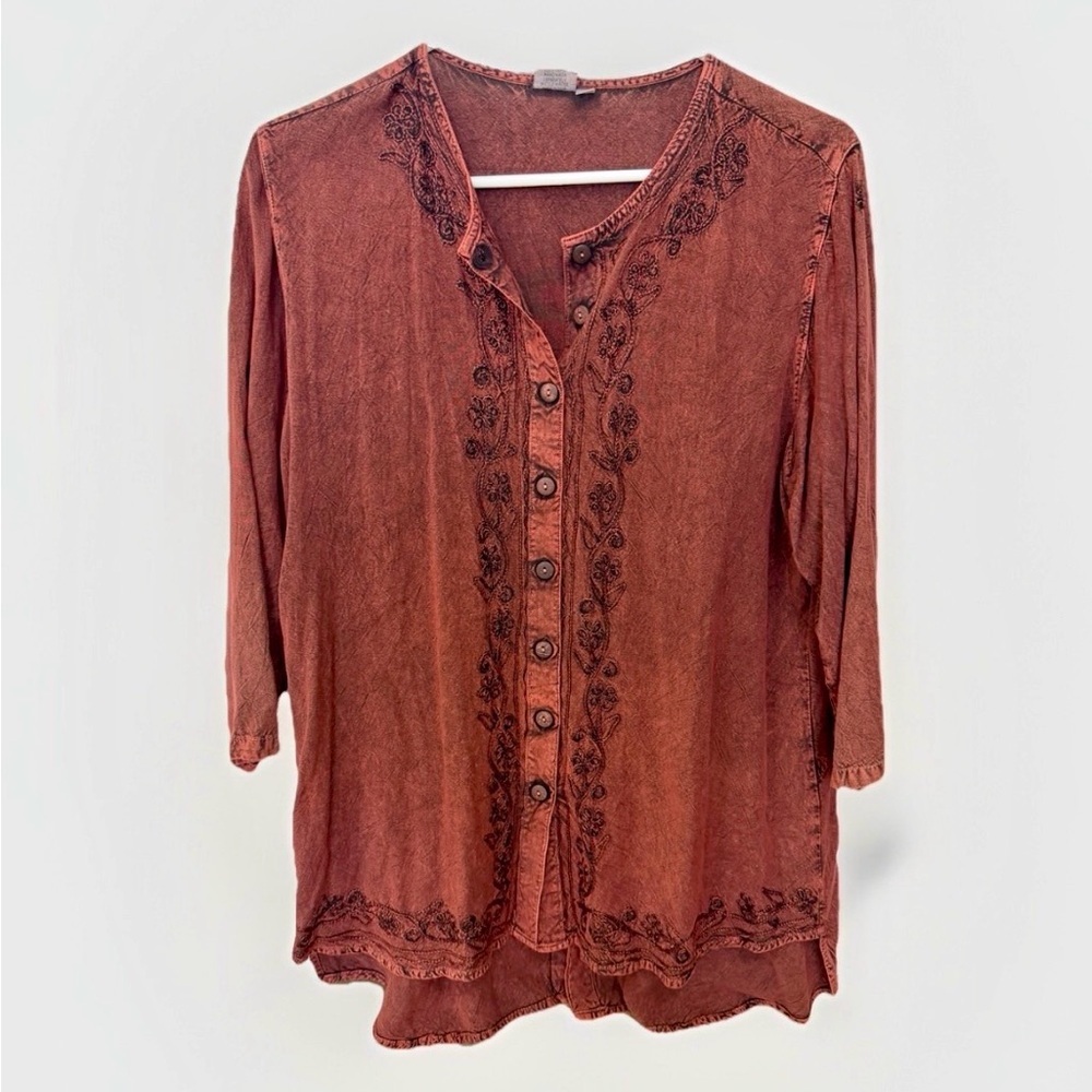 Embroidered Rust Button-Front Tunic Top